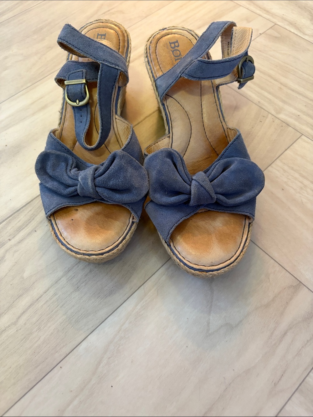 Born Navy Suede Bow Wedge Sandals